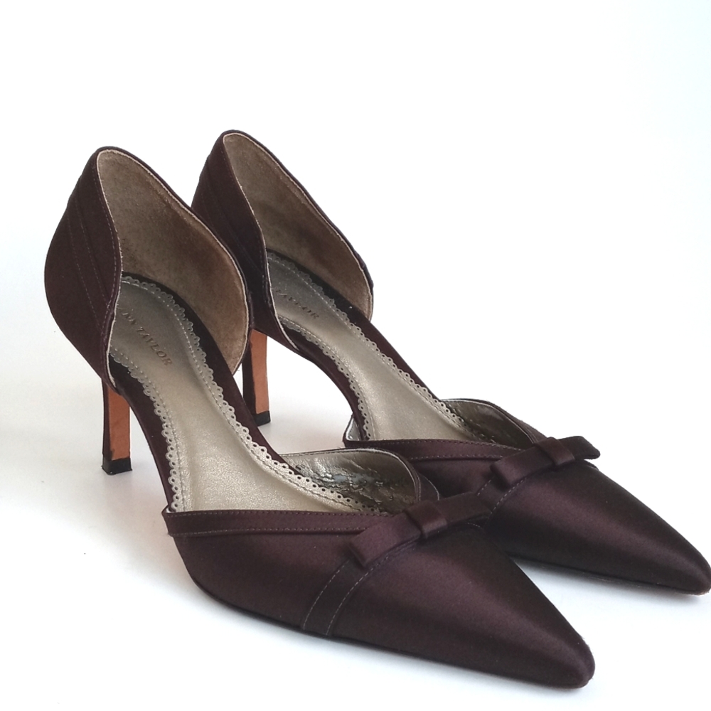 Ann Taylor Elegant Satin Brown Women's Kitten 3” Heels With Bow 8 - Picture 6 of 12